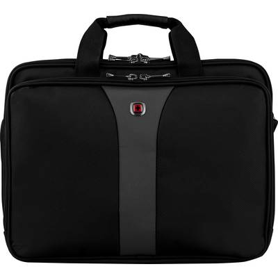 Czarna torba na laptopa z uchwytem, pionowym szarym paskiem i czerwonym logo pośrodku.