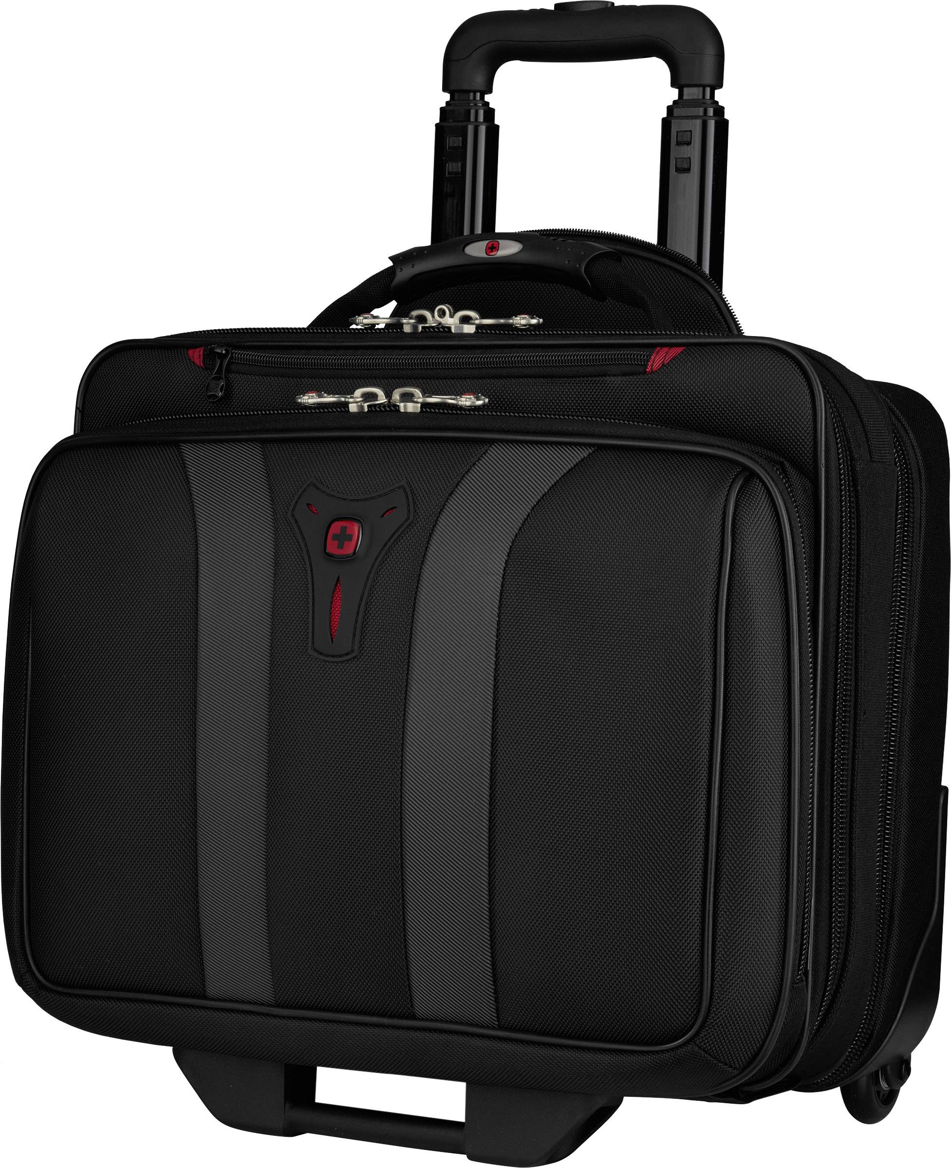 Czarny walizka na kółkach z kieszenią na laptopa, idealna na podróże służbowe. Wyposażona w wysuwany uchwyt i kilka kieszeni zamykanych na zamek.