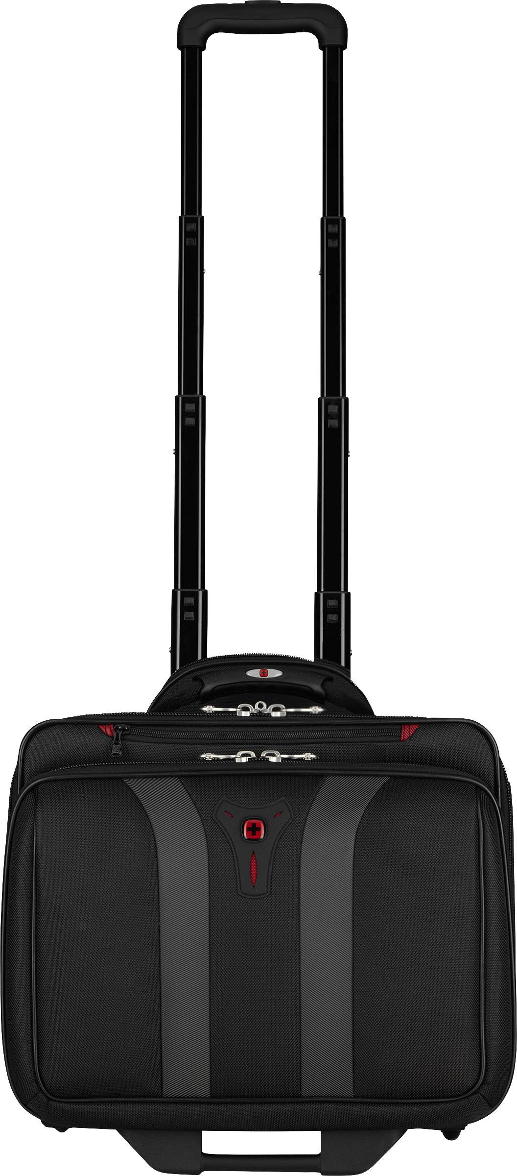 Czarny walizka na kółkach z wysuwaną rączką, idealna do podróży służbowych, na białym tle.