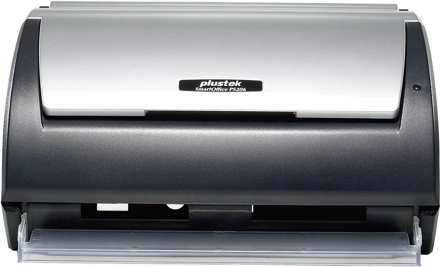 Stacjonarny skaner dokumentów z napisem 'plustek SmartOffice PS286'. Urządzenie jest zamknięte i gotowe do użycia.