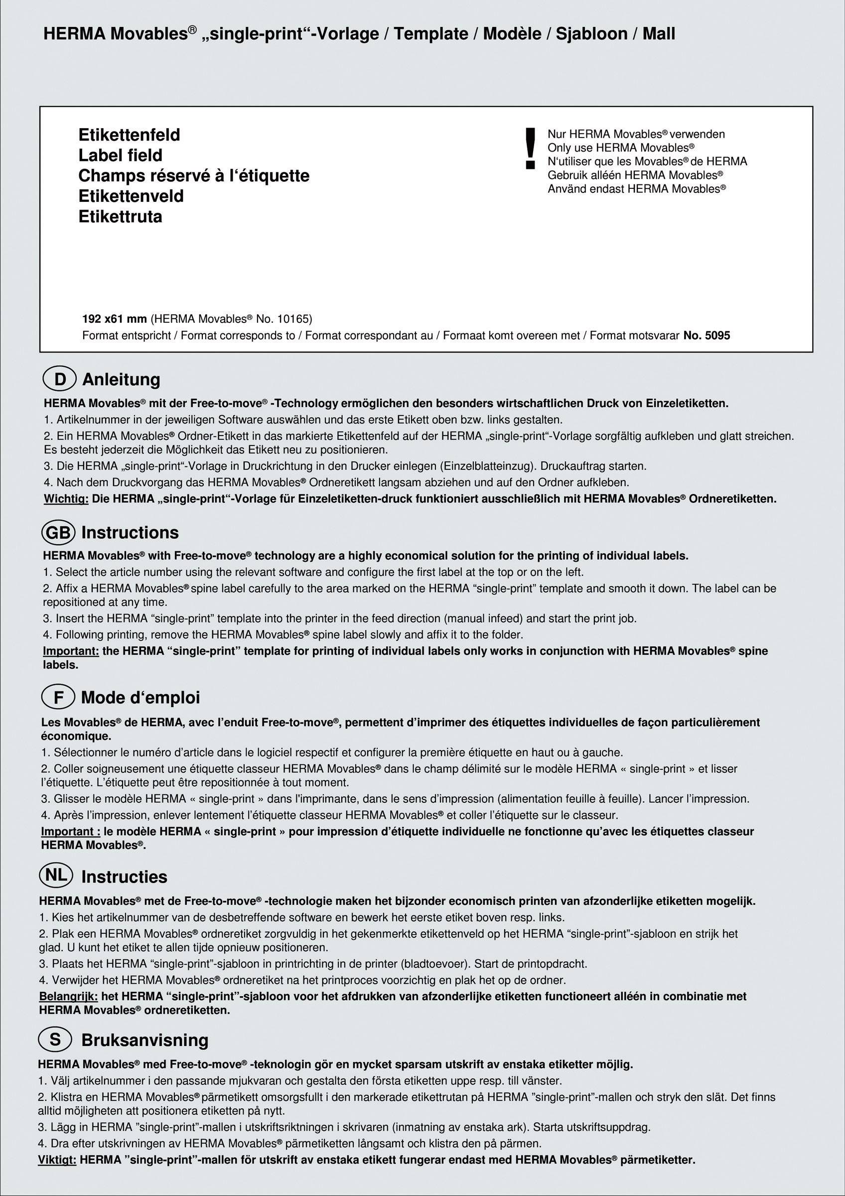 Pole etykiety i instrukcje użycia etykiet HERMA Movables. Zawiera szczegóły zaawansowanej technologii klejenia.