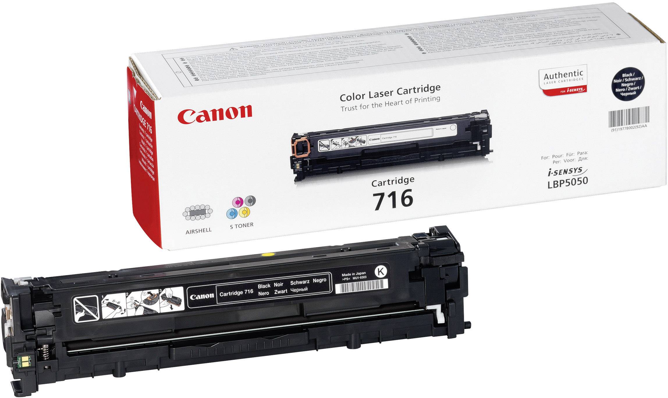 Czarna kaseta z tonerem laserowym Canon 716; opakowanie i kaseta przedstawione na zdjęciu; przeznaczona do drukarek z serii i-SENSYS LBP5050.