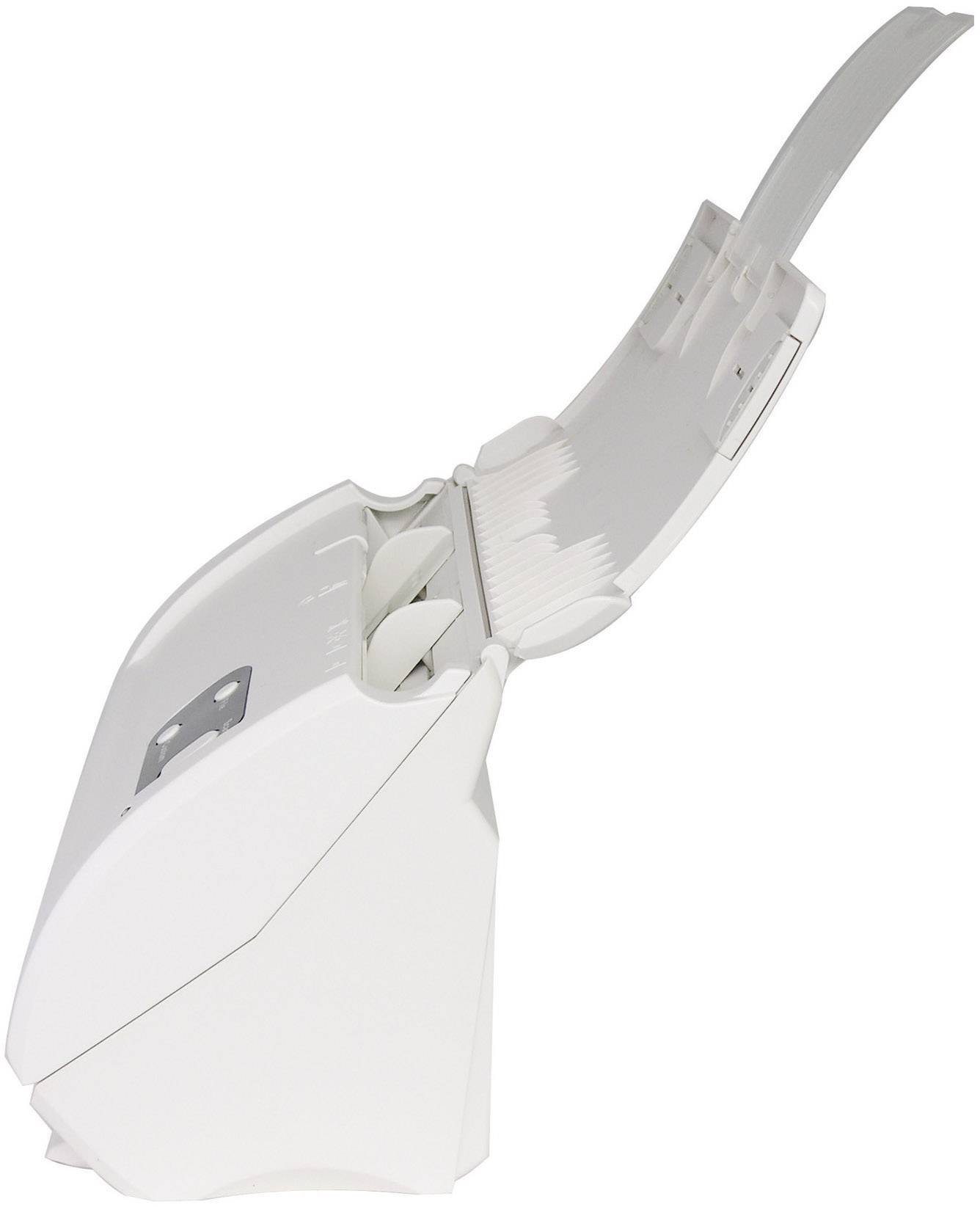 Pionowy biały skaner dokumentów stoi w pozycji pionowej. Widoczny jest podajnik papieru oraz elementy sterujące z boku.