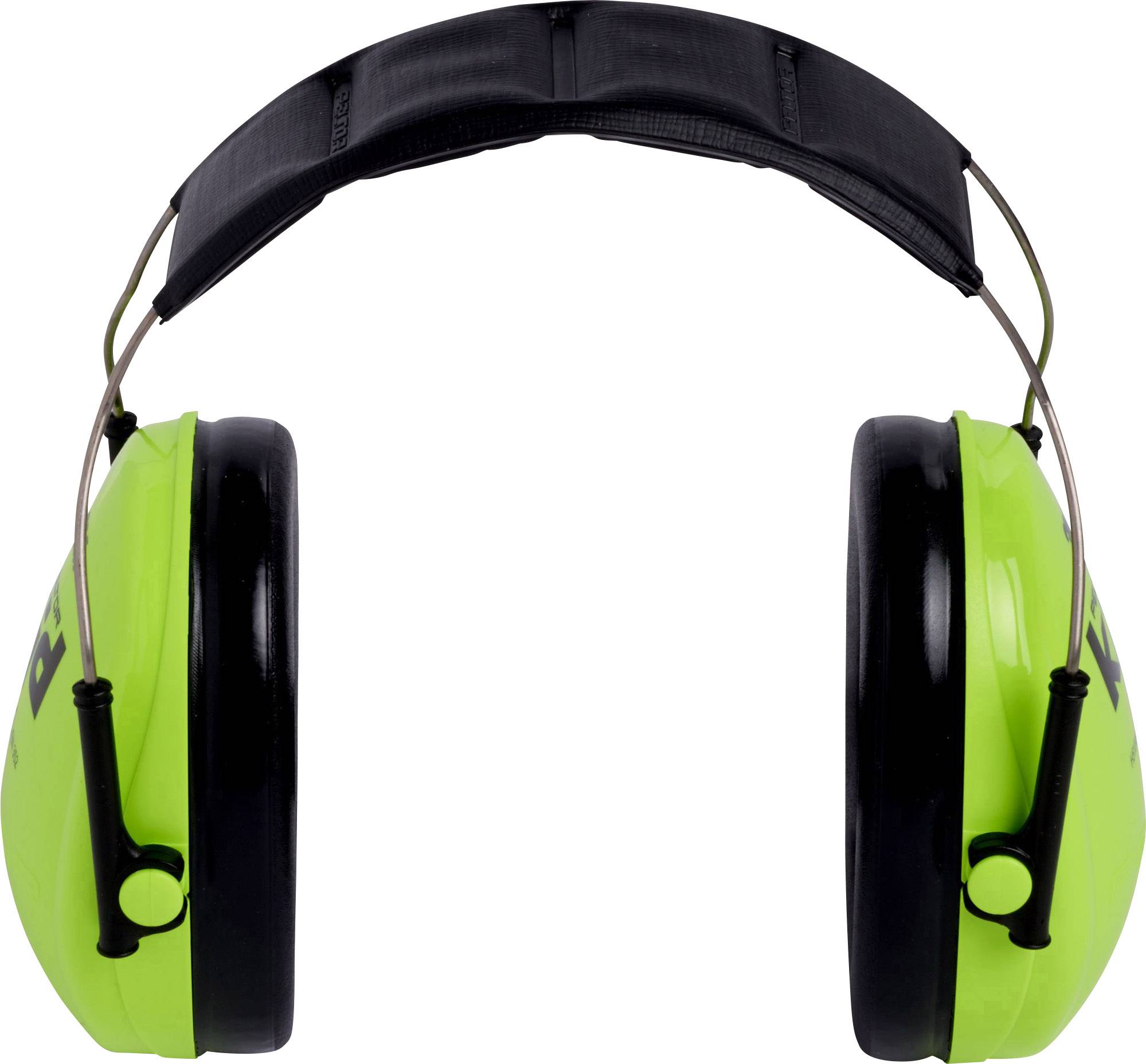 Zielone nauszniki ochronne z czarnym pałąkiem, widok z przodu.