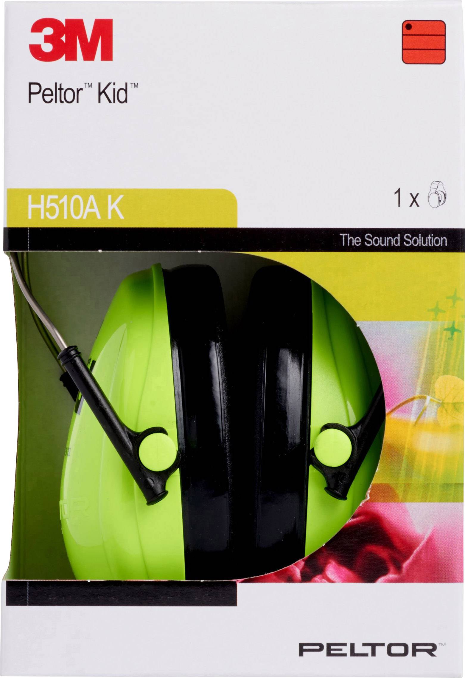 Pudełko z nausznikami przeciwhałasowymi 3M Peltor dla dzieci, model H510AK, w kolorze zielonym. Opakowanie prezentuje zdjęcie produktu, przeznaczone do stosowania w środowiskach o dużym natężeniu hałasu.