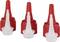 Trzy czerwone plastikowe zakrętki z wąskimi, podłużnymi końcówkami do butelek.