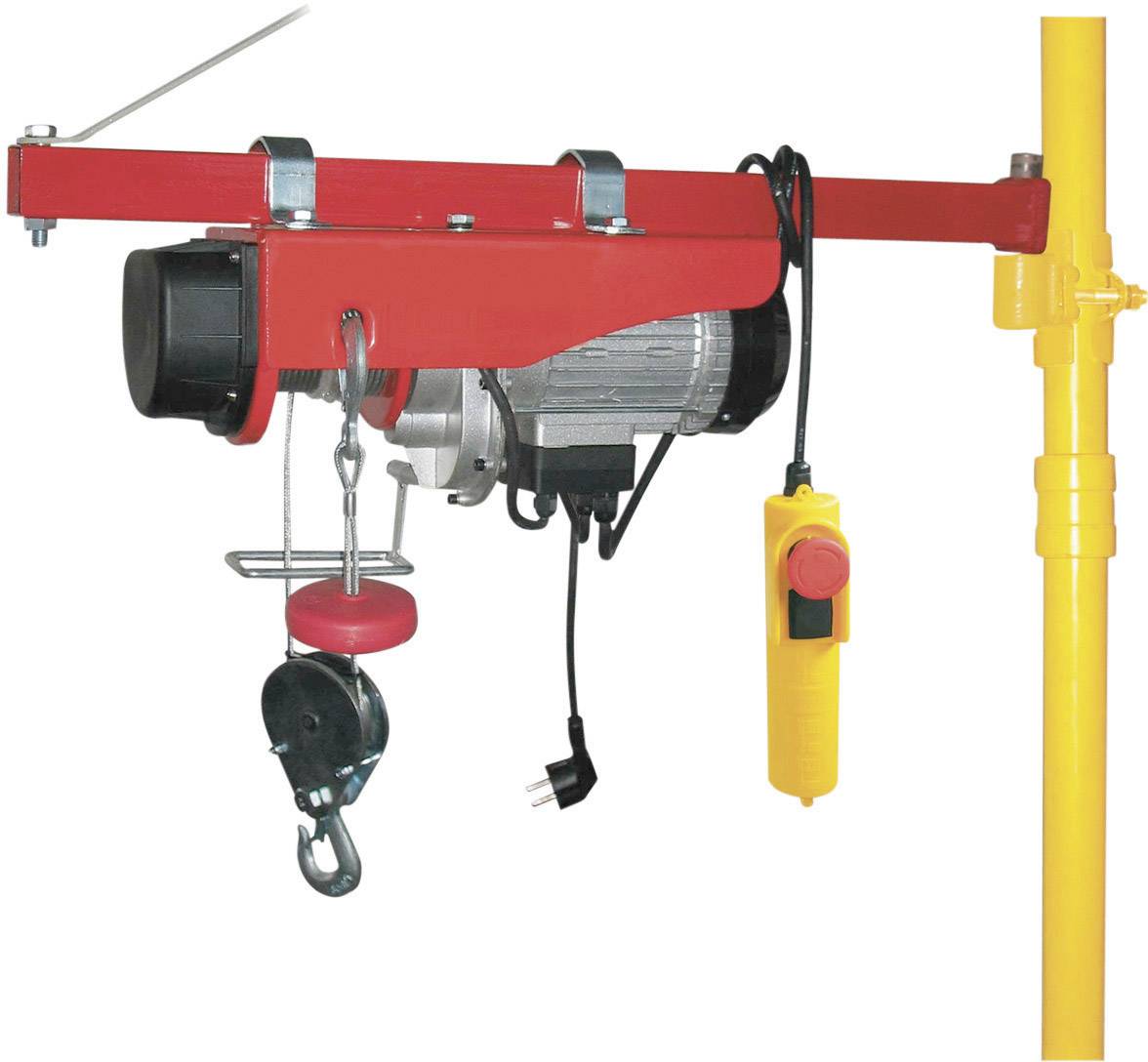 Elektryczny wyciąg linowy zamontowany na czerwonej strukturze nośnej, z żółtą jednostką sterującą.