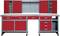 Czerwony metalowy stół warsztatowy z wieloma szafkami, półkami i szufladami do organizacji warsztatu.