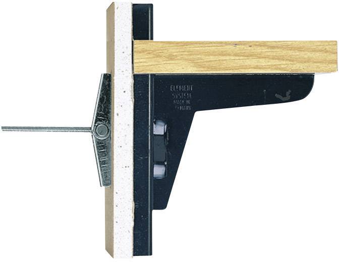 Widok poprzeczny profilu ściennego z izolacją, strukturą drewna, mocowaniem metalowym i czarnym elementem nośnym.