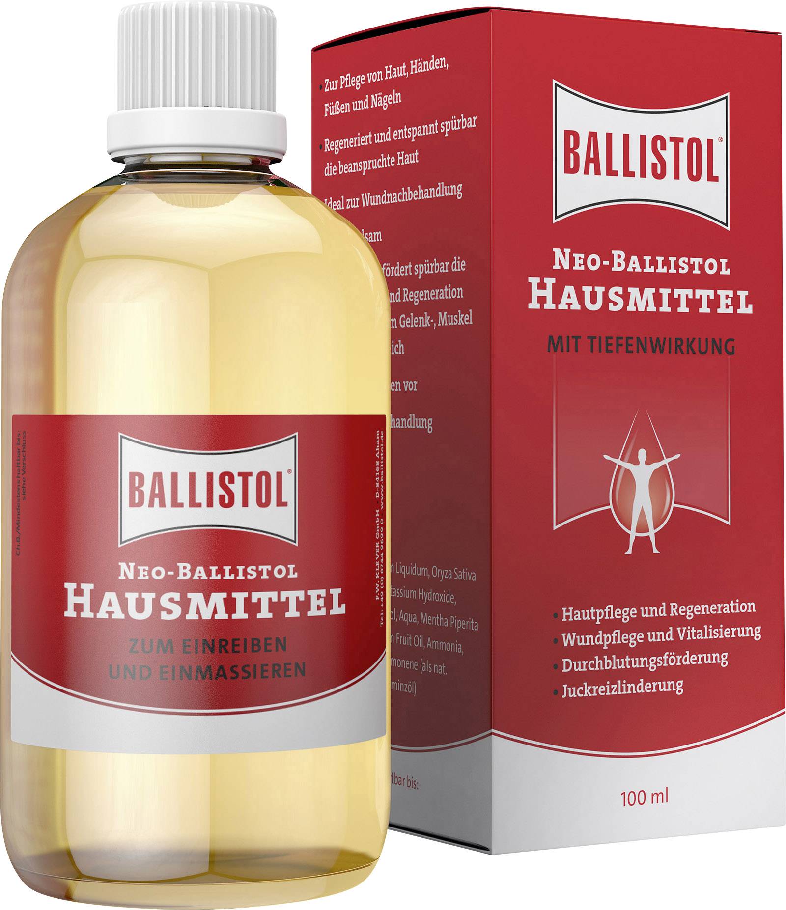 Butelka i karton 'Neo-Ballistol Domowy Środek'. 100 ml. Do pielęgnacji skóry, pielęgnacji ran, regeneracji, witalizacji, poprawy krążenia.