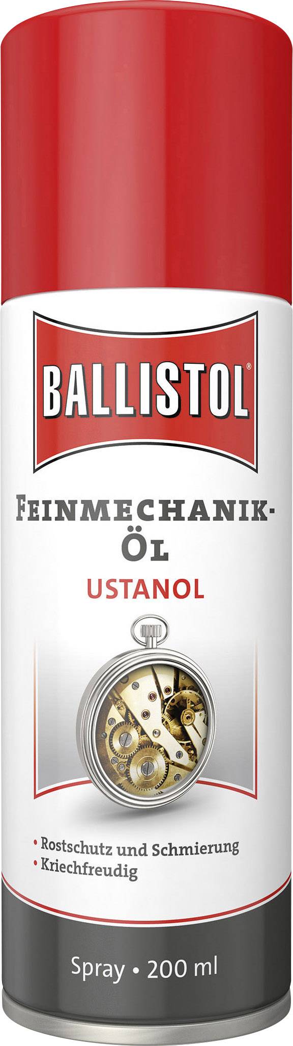 Czerwono-biała puszka ze sprejem z napisem 'BALLISTOL Olej precyzyjny Ustanol'. Nadaje się do ochrony przed korozją i smarowania.