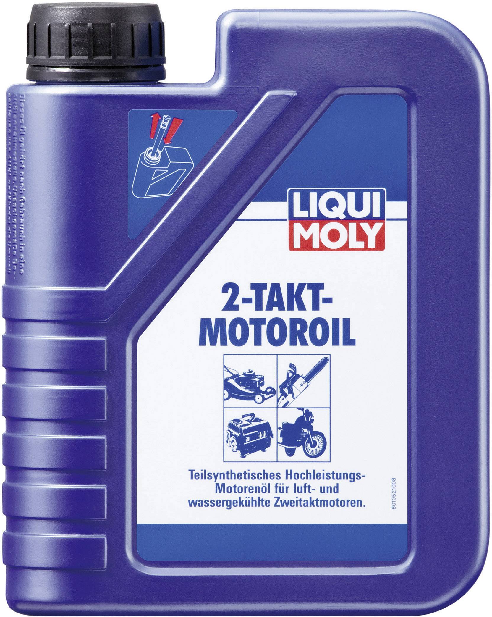 Niebieski kanister z napisem 'LIQUI MOLY Olej silnikowy do silników dwusuwowych'. Odpowiedni do silników dwusuwowych chłodzonych powietrzem i wodą w maszynach.