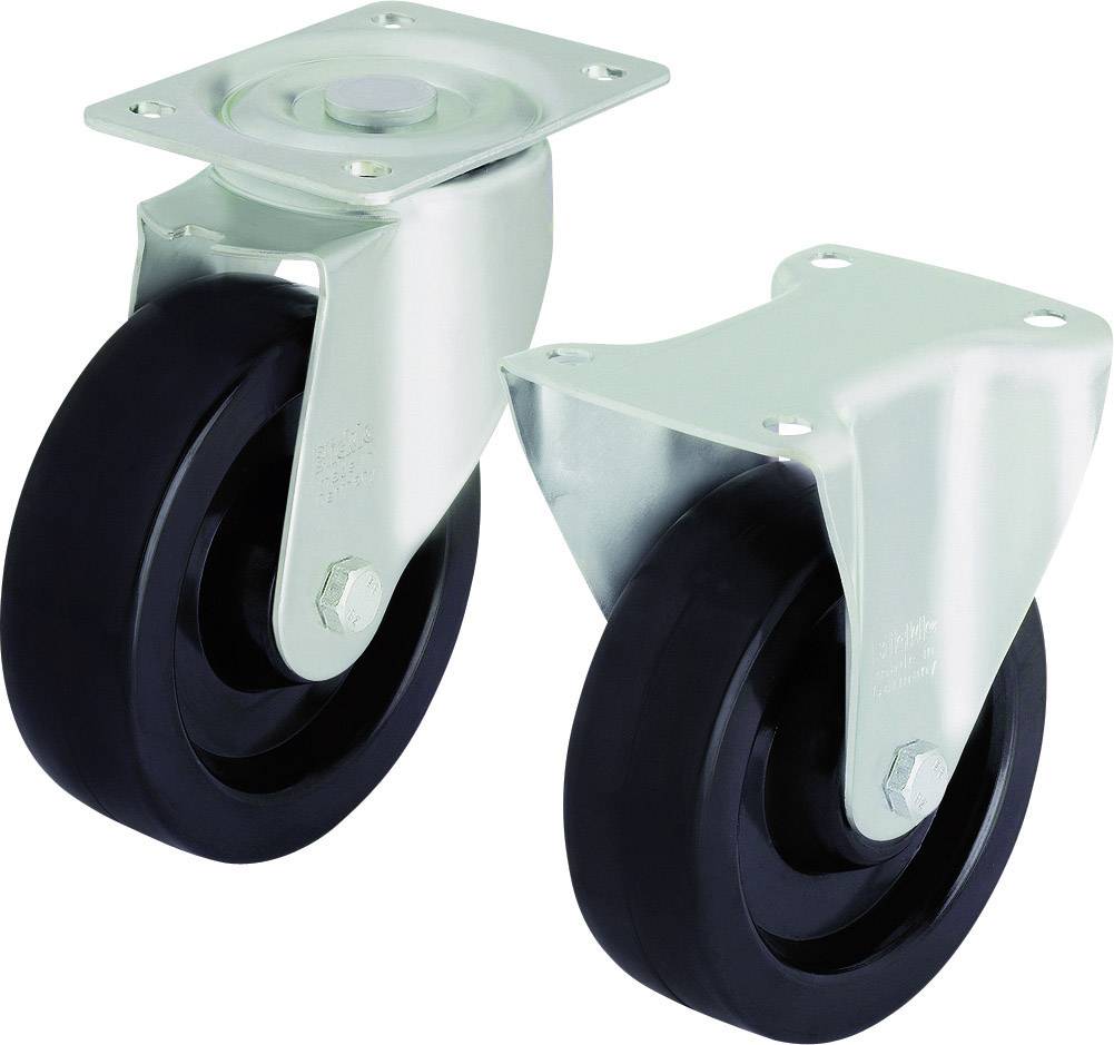 Para czarnych rolek gumowych z metalowymi, srebrnymi zawiasami, nadających się do mebli lub wózków transportowych. Charakteryzują się solidną budową.