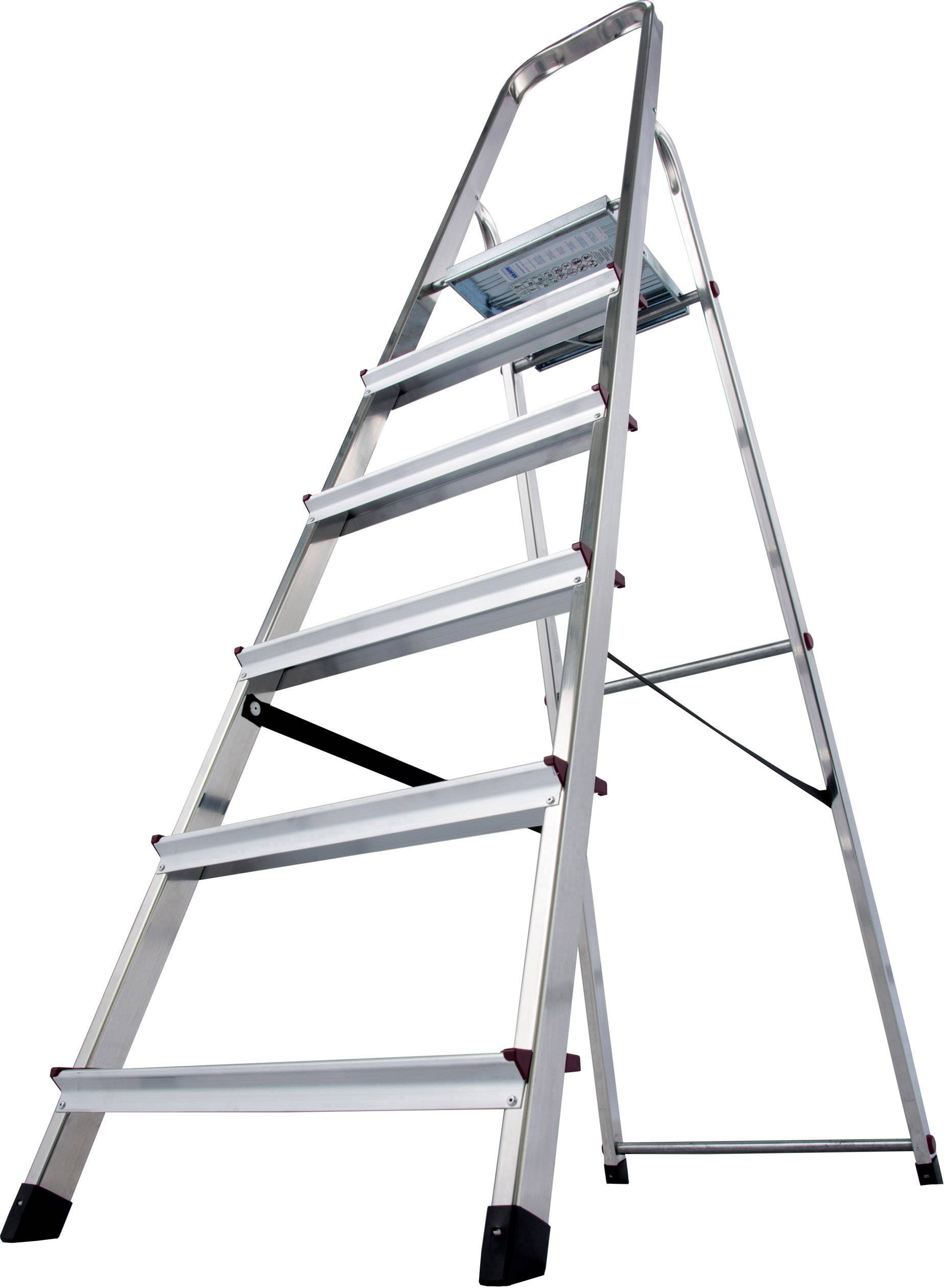 Drabina aluminiowa z sześcioma stopniami, stabilna dzięki antypoślizgowym stopkom, odpowiednia do prac w domu lub ogrodzie.