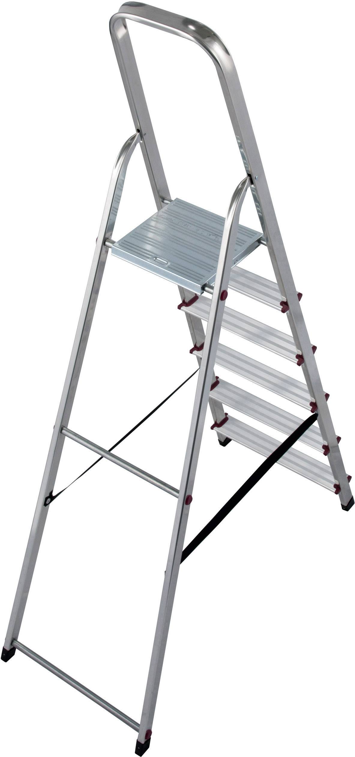 Srebrna, sześciostopniowa drabinka aluminiowa, idealna do użytku wewnętrznego, zapewnia stabilność dzięki gumowanym stopkom i uchwytowi.