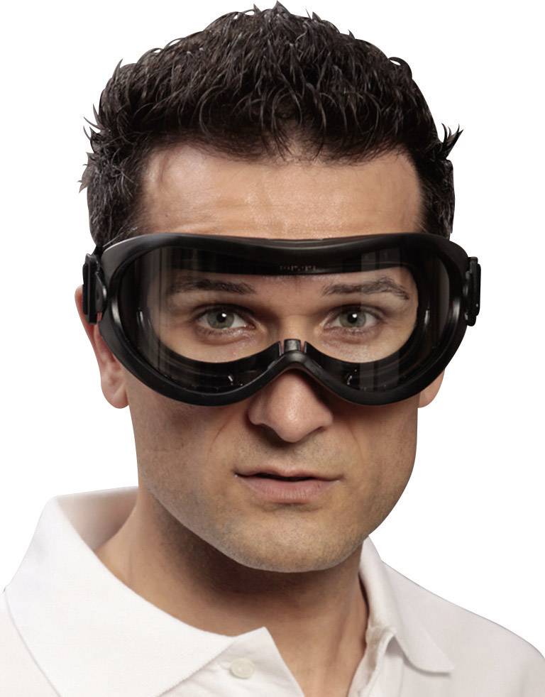 Mężczyzna z krótkimi ciemnymi włosami nosi okulary ochronne.