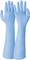 Dwa długie, niebieskie rękawice lateksowe, odpowiednie do użytku medycznego lub higienicznego.