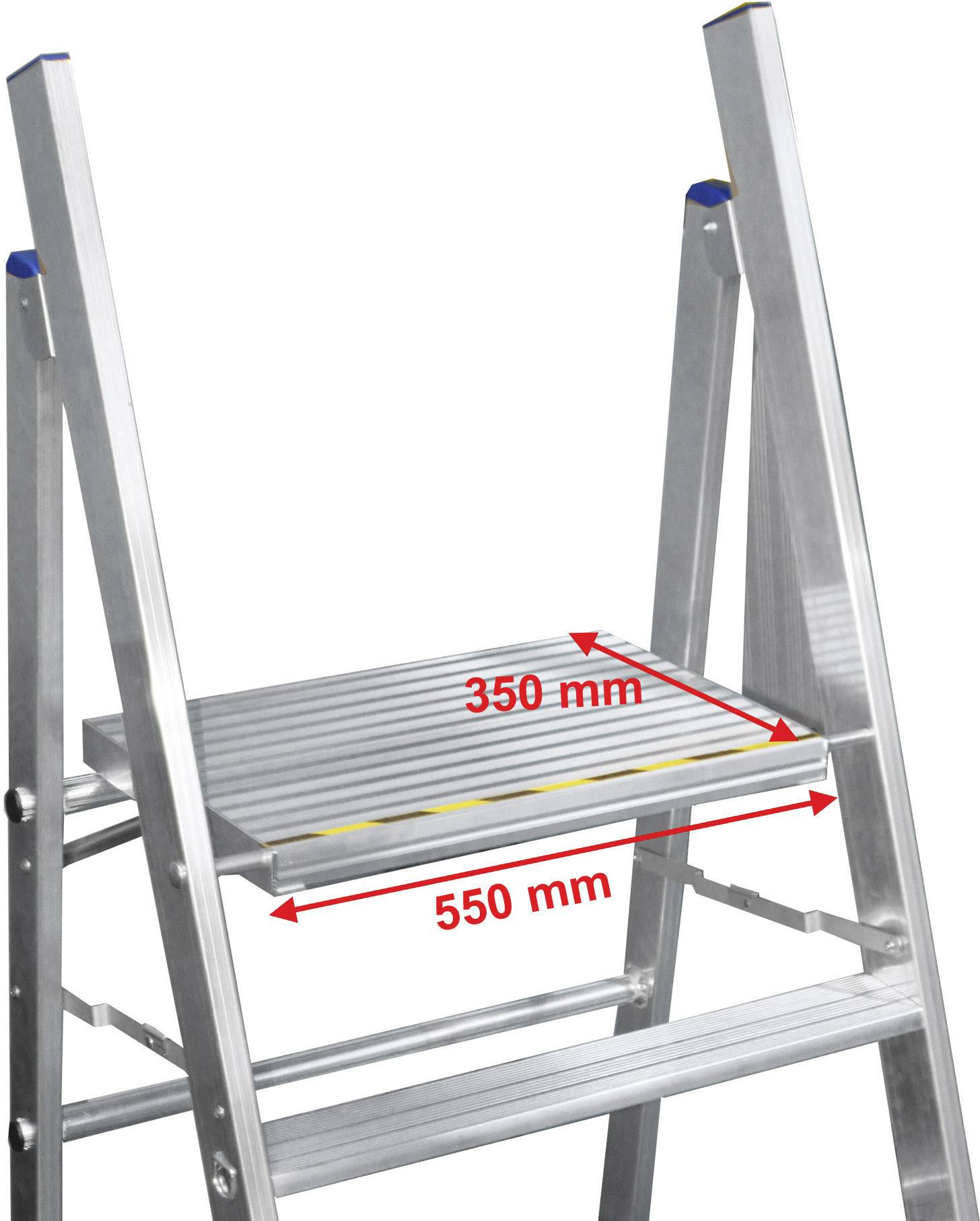 Drabina aluminiowa z pomiarami platformy: szerokość 550 mm, głębokość 350 mm.