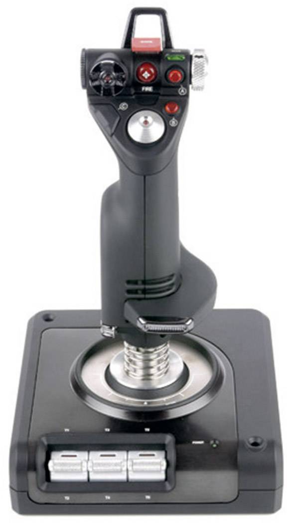 Joystick z wieloma przyciskami i przełącznikami na kwadratowej podstawie, odpowiedni do symulatorów lotniczych i złożonych sterowań w grach.