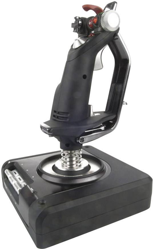 Czarny joystick z czerwonym przyciskiem na górze i srebrnym pokrętłem z boku, zamontowany na stabilnej podstawie.