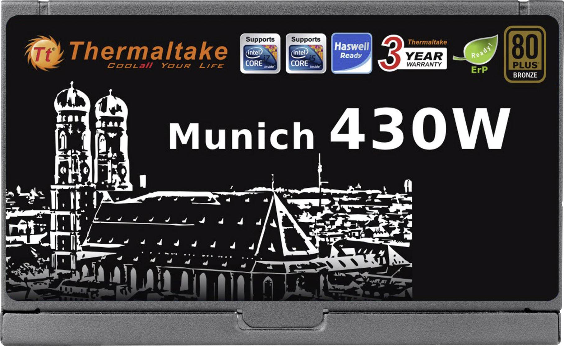 Opakowanie zasilacza z logo 'Thermaltake', napisem 'Munich 430W' oraz wizerunkiem panoramy Monachium. Wspiera procesory Intel Core oraz technologię Haswell.