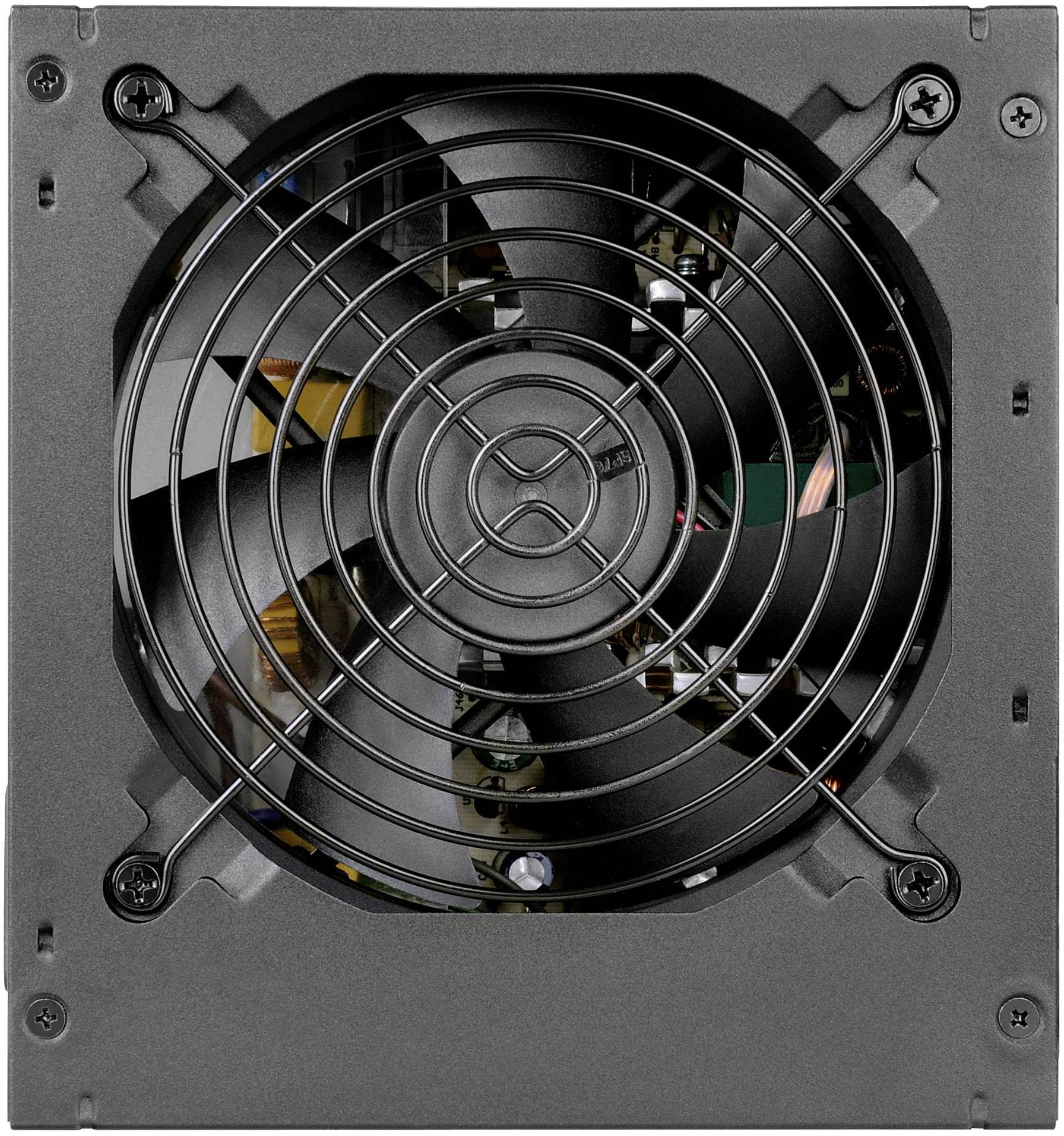 Czarny wentylator komputerowy w prostokątnej obudowie metalowej, widoczne są łopatki i kratka ochronna na przedniej części.