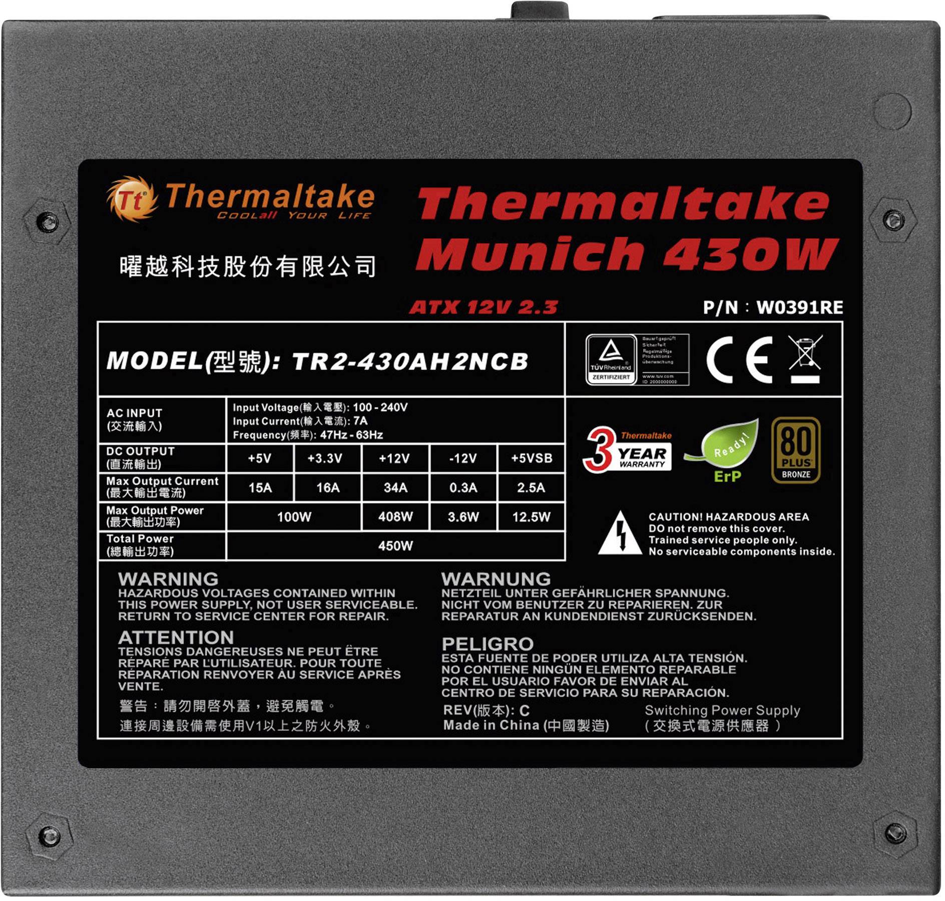 Zasilacz 'Thermaltake Munich 430W', z naniesionymi parametrami technicznymi i specyfikacją wydajności. Zawiera ostrzeżenia w kilku językach.