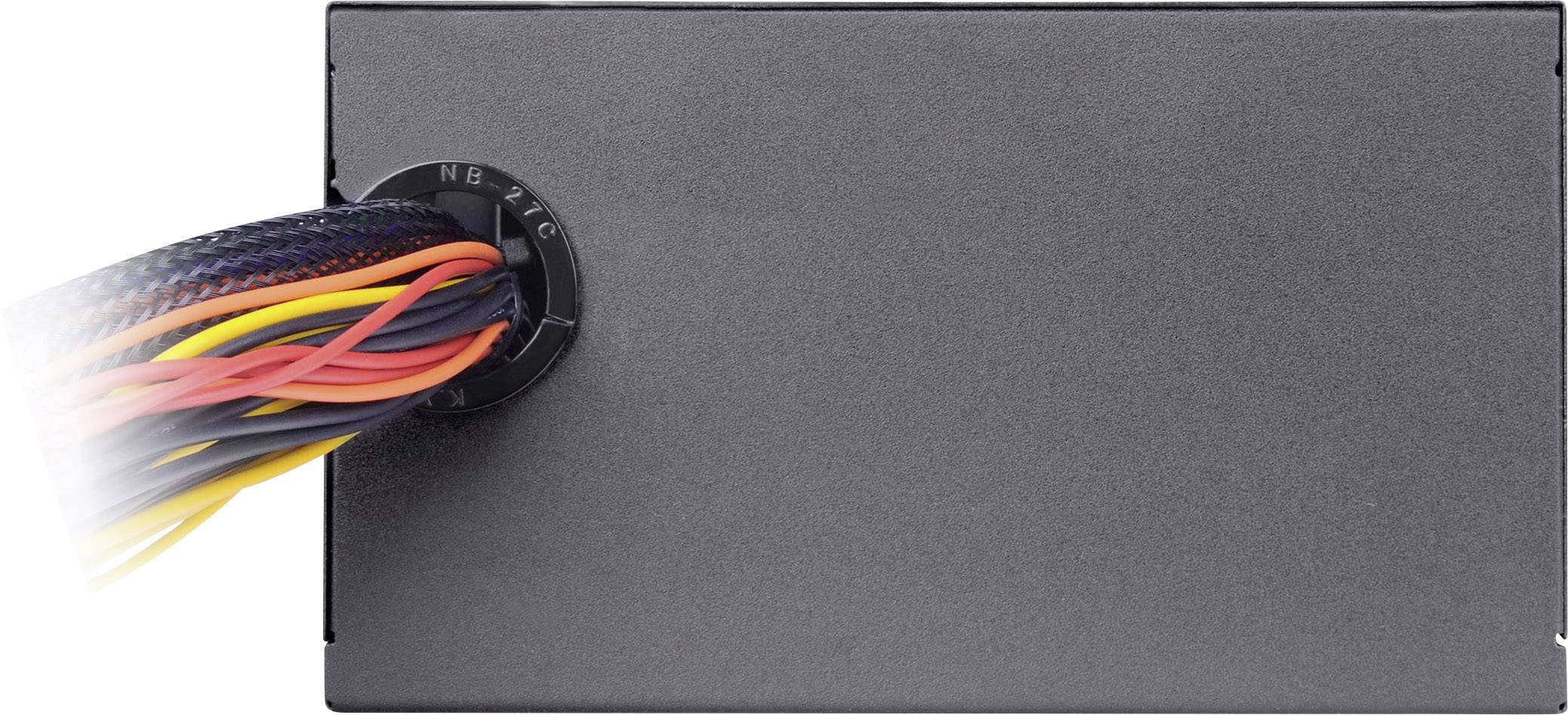 'Zasilacz sieciowy z kolorowymi wiązkami kabli po lewej stronie, odpowiedni do komputerów lub urządzeń technicznych.'