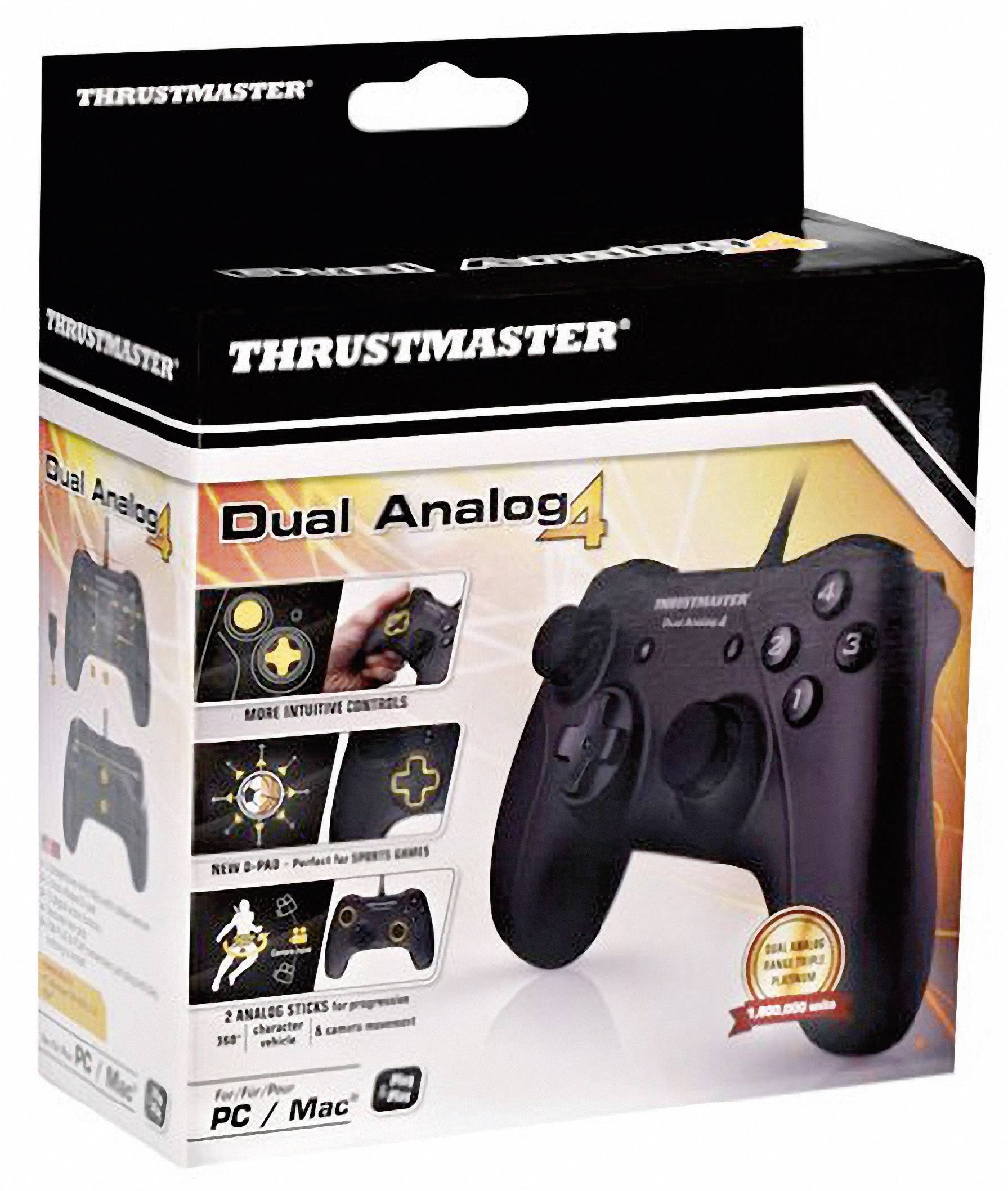 Opakowanie kontrolera Thrustmaster z dwoma analogowymi drążkami, przyciskami i triggerami, kompatybilne z komputerami PC i Mac.