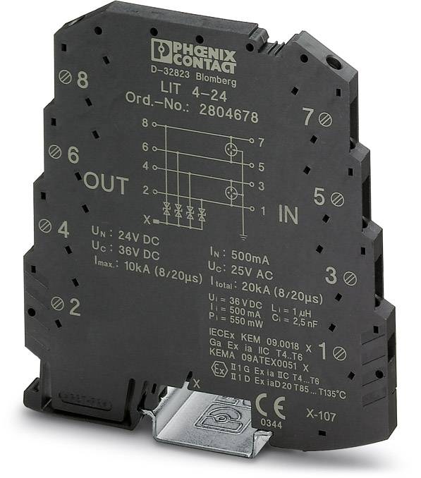 Elektroniczny moduł logiczny z serii styków firmy Phoenix Contact z wejściami i wyjściami, specyfikacjami napięcia oraz schematem połączeń.