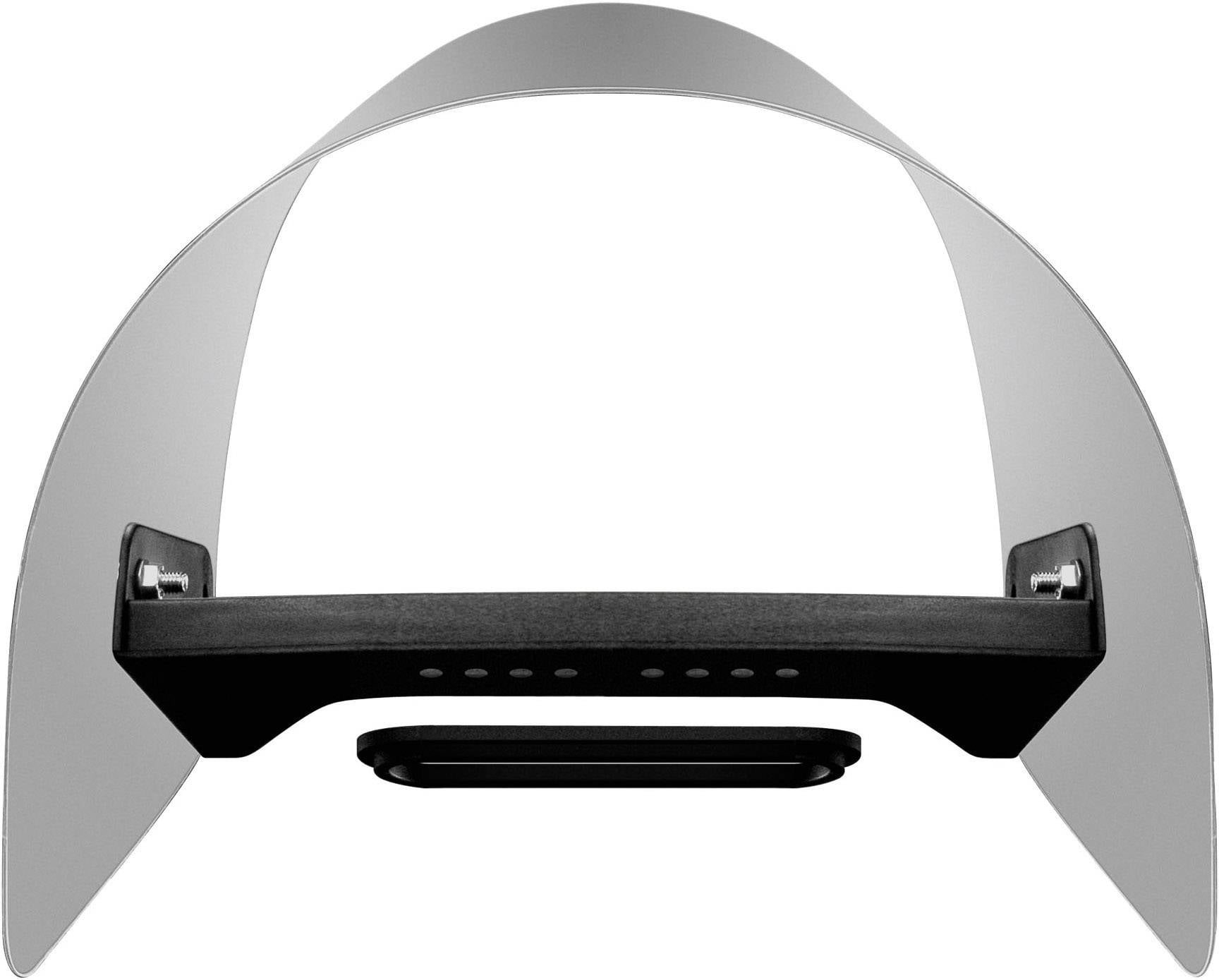 Nowoczesny, zakrzywiony okap kuchenny z podświetlanymi elementami sterującymi i zintegrowanym filtrem, odpowiedni do zastosowań w kuchni.