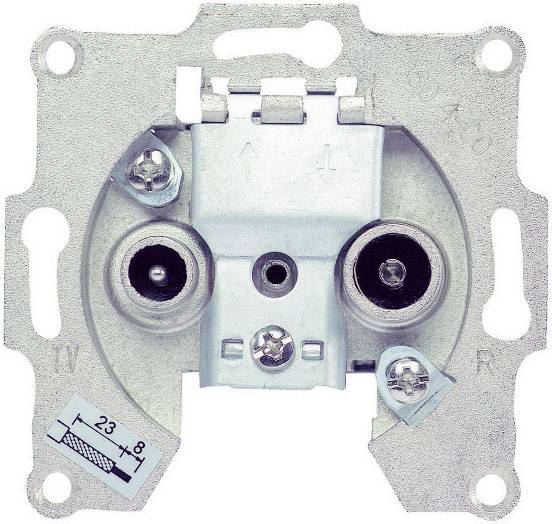 Złącze anteny telewizyjnej w metalowym uchwycie ściennym. Widoczne są dwa gniazda przyłączeniowe oraz trzy śruby mocujące.