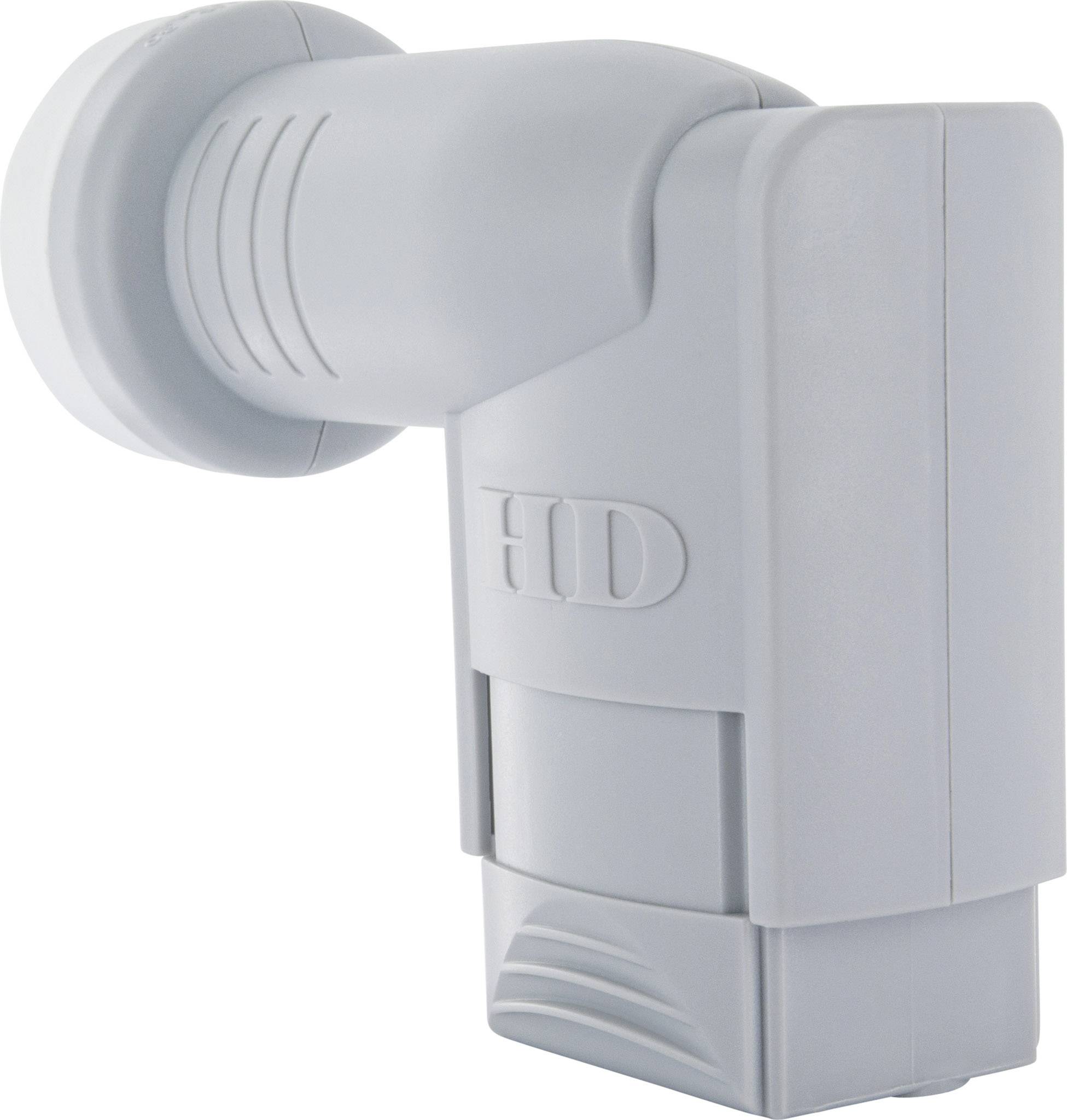 Szary konwerter LNB do anten satelitarnych wykonany z tworzywa sztucznego, przedstawiony z boku.