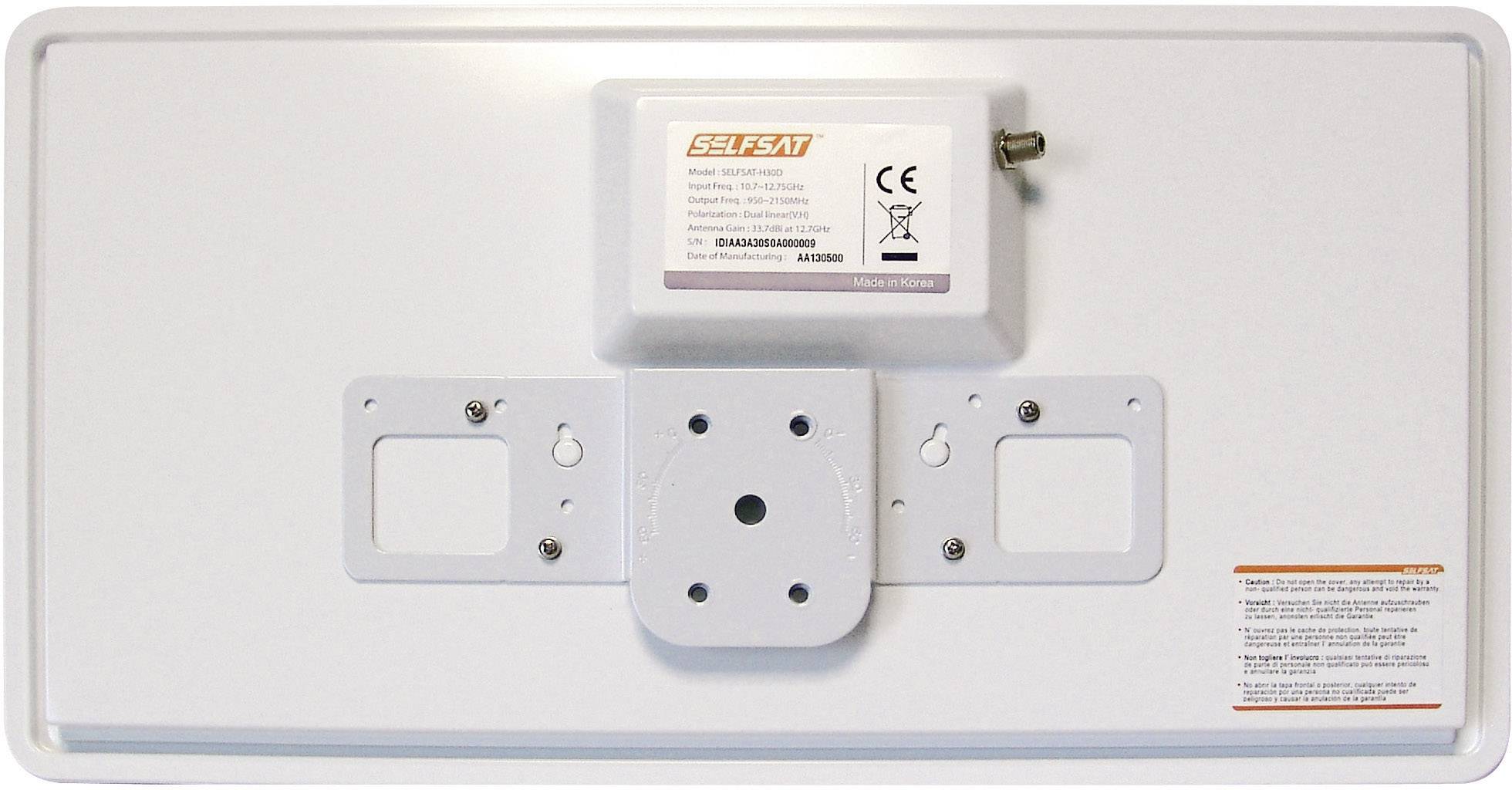 Tylna strona białej anteny satelitarnej z mocowaniem i punktem przyłączeniowym. Etykieta producenta widoczna u góry.