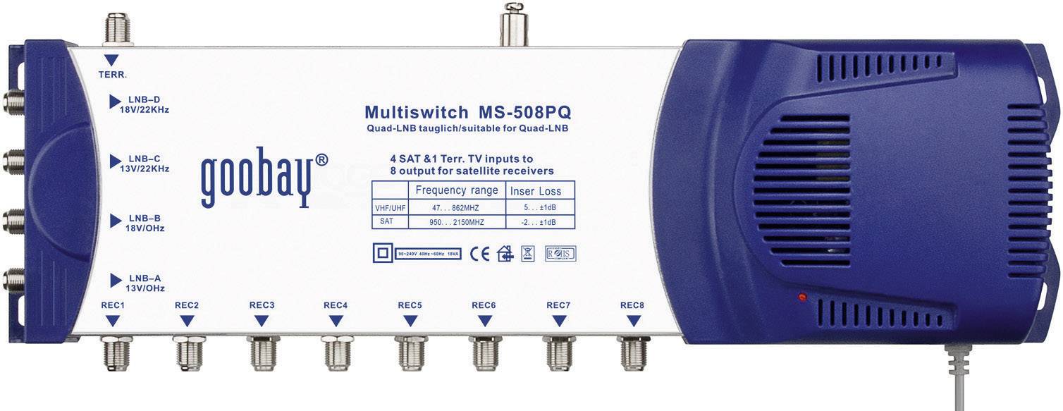 Multiswitch MS-508PQ firmy goobay oferuje 4 wejścia SAT i 1 wejście naziemne z 8 wyjściami, przeznaczony dla odbiorników satelitarnych.