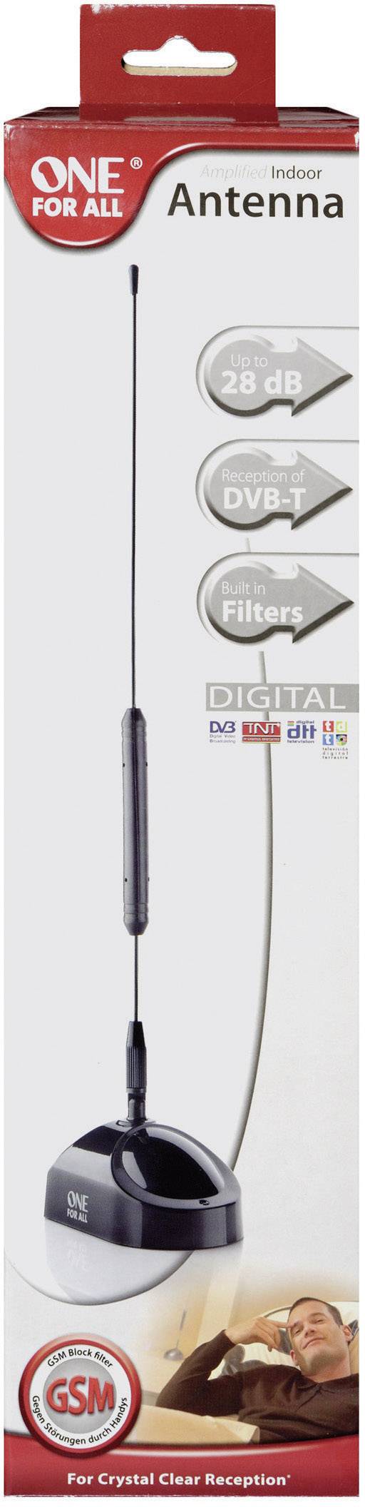 Antena pokojowa 'ONE FOR ALL' z wzmocnieniem 28 dB, do DVB-T z funkcją filtrowania. Opakowanie przedstawia zdjęcie produktu i jego cechy.
