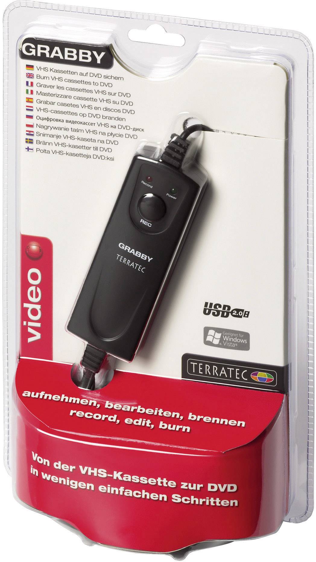 Adapter USB 'Grabby' firmy Terratec do edycji i nagrywania wideo, w zestawie z kablem. Umożliwia konwersję nagrań z VHS na DVD.