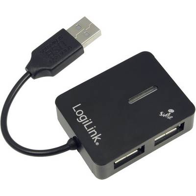 Hub USB w kolorze czarnym z logo LogiLink, czterema portami i krótkim przewodem.