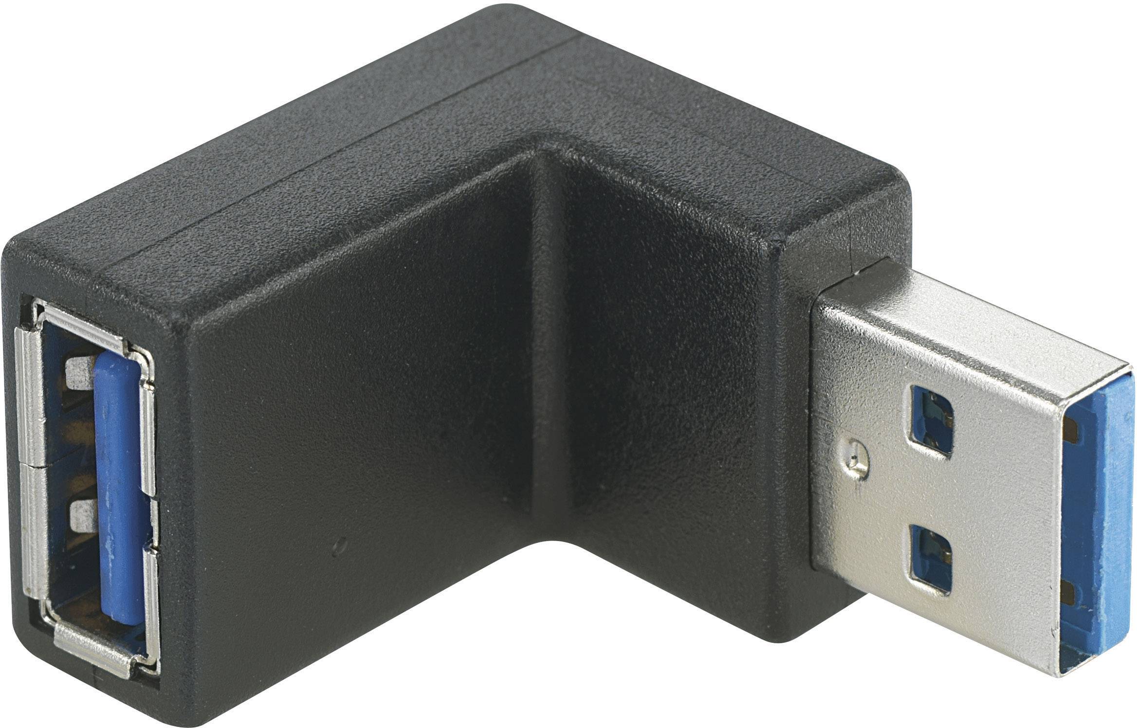 Czarny adapter USB w kształcie litery L z jednym złączem USB na każdym końcu. Jeden koniec posiada wtyczkę USB-A, a drugi gniazdo USB.
