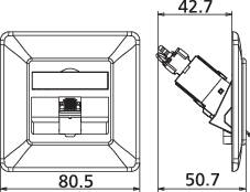 Rysunek techniczny urządzenia w widoku przedniego i bocznego. Wymiary: 80,5 mm szerokości, 50,7 mm głębokości, 22,7 mm wysokości.