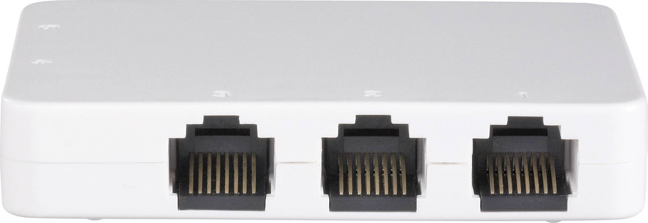 Biały rozdzielacz sieciowy z trzema portami Ethernet, odpowiedni do podłączenia wielu urządzeń do sieci.
