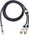 Kabel audio z wtykiem 3,5 mm i dwoma wtykami RCA, odpowiednie do podłączenia źródeł dźwięku z głośnikami lub wzmacniaczami.