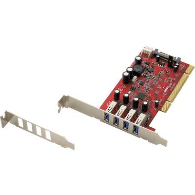 Karta rozszerzeń z czterema portami USB 3.0, czerwonym projektem płytki drukowanej, złączem do montażu na płycie głównej i metalową ramką do instalacji w komputerze.
