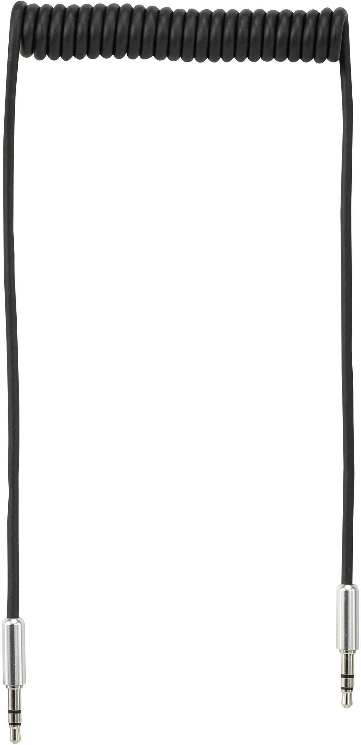 Czarny przewód audio opleciony oplotem, z dwoma srebrnymi wtykami Jack na końcach, odpowiedni do podłączania urządzeń audio.