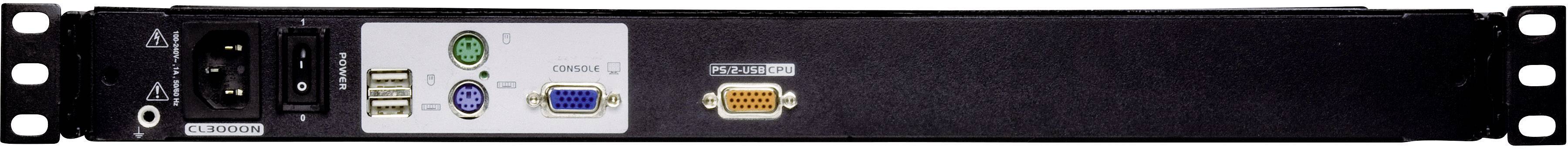 Czarna szafa serwerowa z wieloma złączami: zasilanie, USB, PS/2, VGA oraz COM.