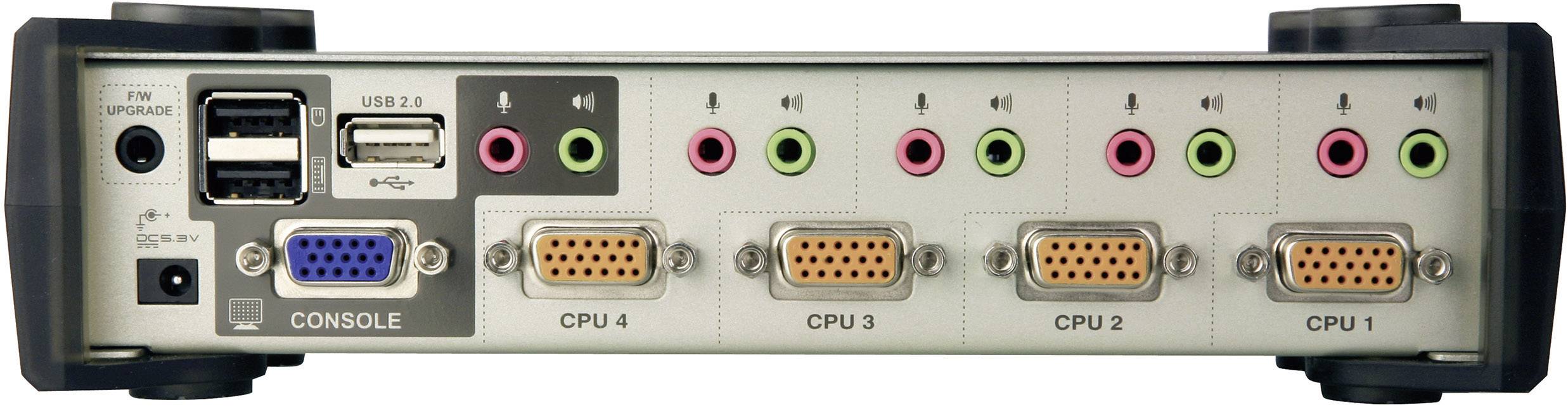 Widok z tyłu przełącznika KVM z czterema złączami VGA i USB do podłączenia komputerów, a także gniazdami audio i złączem konsoli.