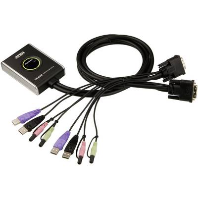 Wieloportowy kabel komputerowy składający się z złączy VGA, wtyczek USB oraz złączy audio jack, połączonych poprzez czarną obudowę.