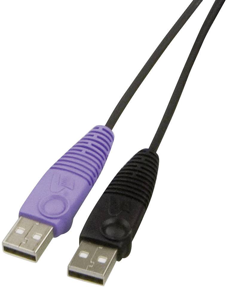 Dwa wtyczki USB, fioletowa i czarna, podłączone do jednego kabla. Wtyczka fioletowa znajduje się po lewej stronie, czarna po prawej.