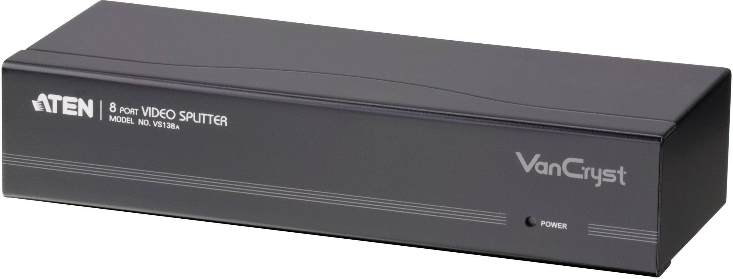 Ośmioportowy rozdzielacz wideo firmy ATEN, model VS138A, z logo marki i wskaźnikiem diody zasilania na przedniej stronie.