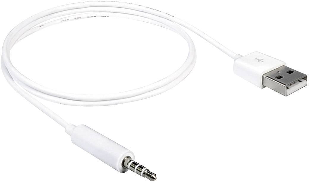 Białowy kabel z wtyczką USB na jednym końcu i wtykiem jack 3,5 mm na drugim końcu.